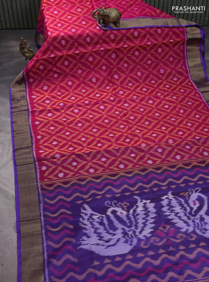 Ikat silk cotton saree dark pink and violet with allover ikat weaves and zari woven border