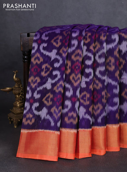 Ikat silk cotton saree violet and orange with allover ikat weaves and zari woven border