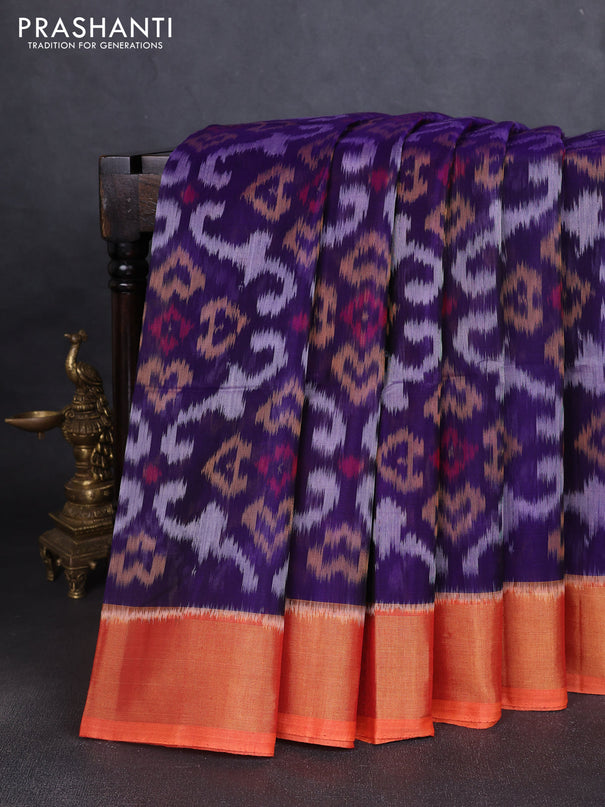 Ikat silk cotton saree violet and orange with allover ikat weaves and zari woven border