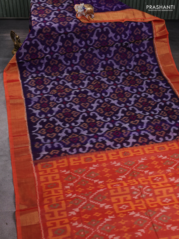 Ikat silk cotton saree violet and orange with allover ikat weaves and zari woven border