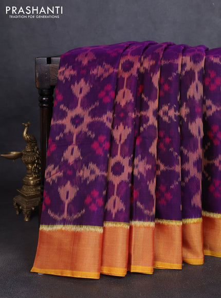 Ikat silk cotton saree purple and dark mustard with allover ikat weaves and zari woven border