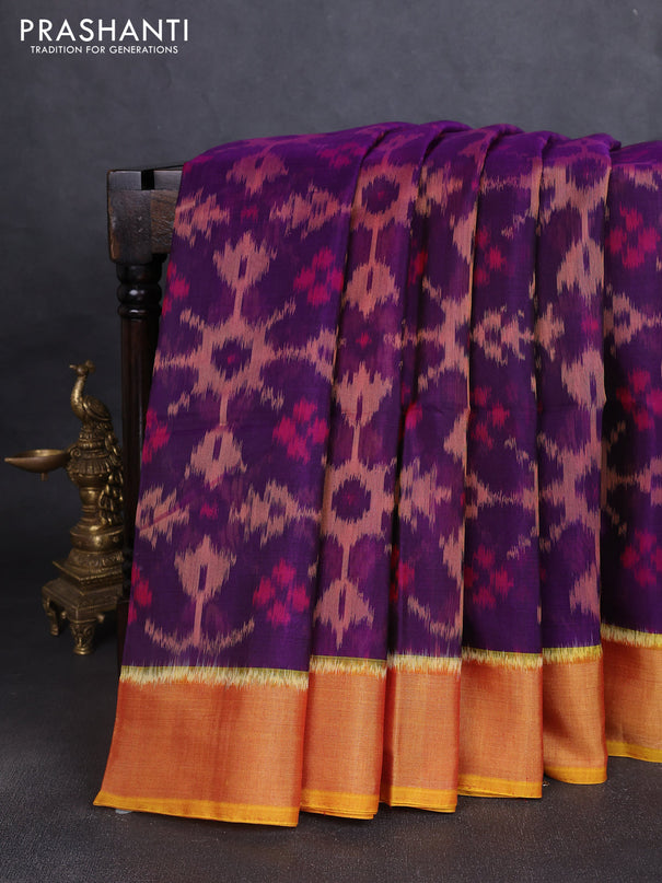 Ikat silk cotton saree purple and dark mustard with allover ikat weaves and zari woven border