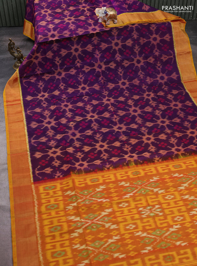 Ikat silk cotton saree purple and dark mustard with allover ikat weaves and zari woven border