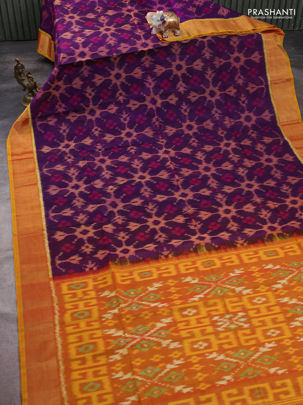 Ikat silk cotton saree purple and dark mustard with allover ikat weaves and zari woven border