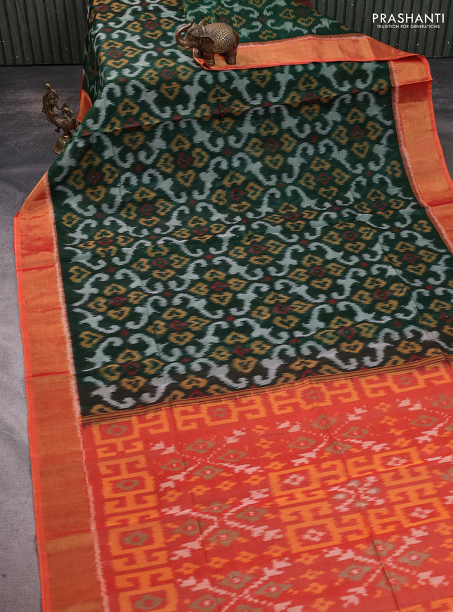 Ikat silk cotton saree bottle green and orange with allover ikat weaves and zari woven border