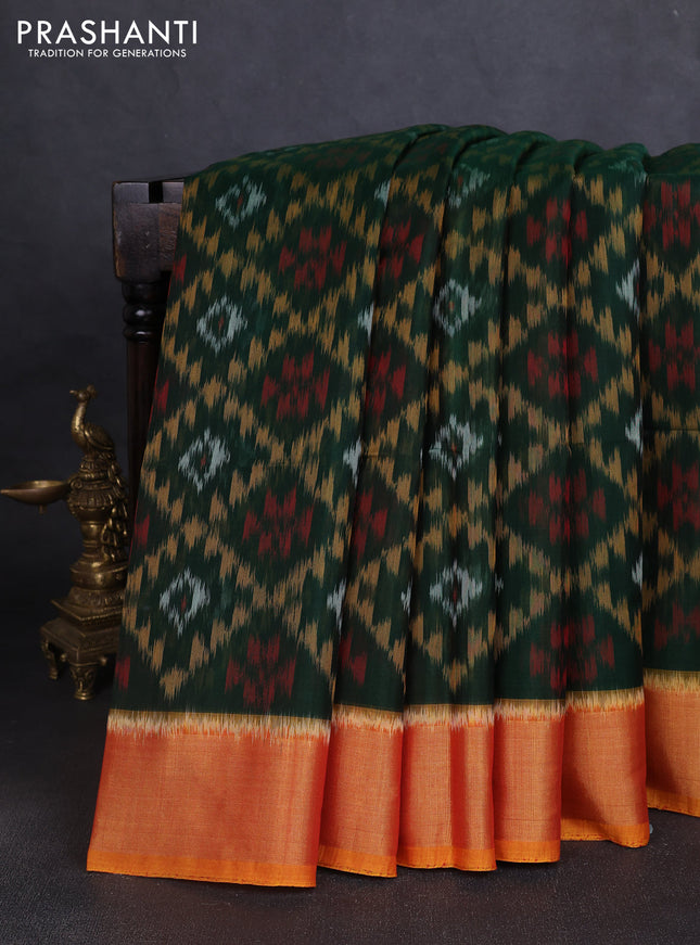 Ikat silk cotton saree bottle green and dark mustard with allover ikat weaves and zari woven border
