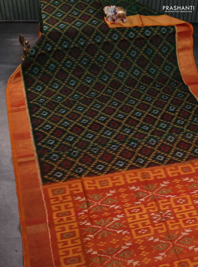 Ikat silk cotton saree bottle green and dark mustard with allover ikat weaves and zari woven border