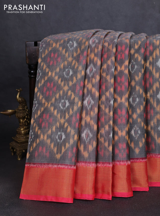 Ikat silk cotton saree grey and candy pink with allover ikat weaves and zari woven border