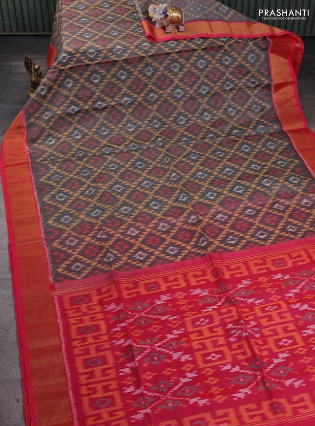 Ikat silk cotton saree grey and candy pink with allover ikat weaves and zari woven border