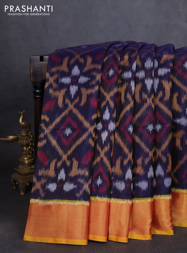Ikat silk cotton saree violet and dark mustard with allover ikat weaves and zari woven border