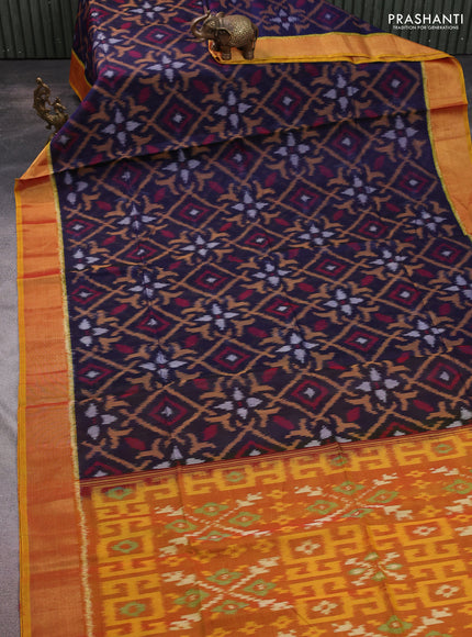 Ikat silk cotton saree violet and dark mustard with allover ikat weaves and zari woven border