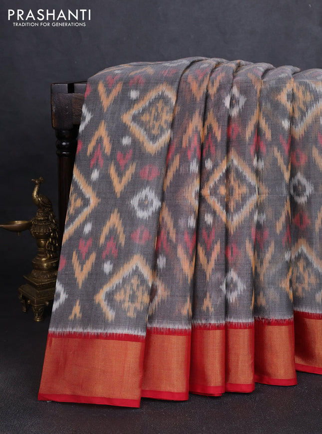 Ikat silk cotton saree grey and red with allover ikat weaves and zari woven border