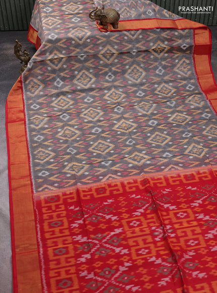 Ikat silk cotton saree grey and red with allover ikat weaves and zari woven border