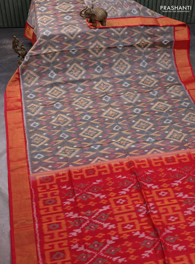 Ikat silk cotton saree grey and red with allover ikat weaves and zari woven border