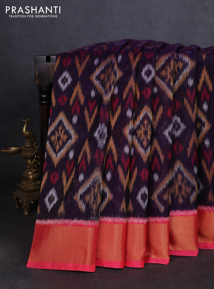 Ikat silk cotton saree violet and candy pink with allover ikat weaves and zari woven border