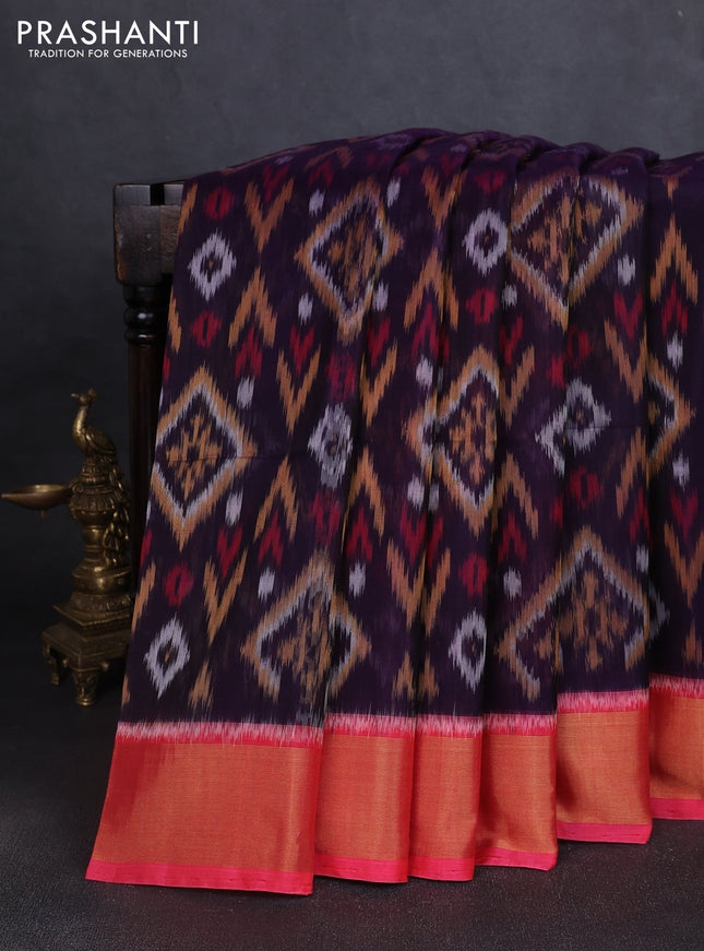 Ikat silk cotton saree violet and candy pink with allover ikat weaves and zari woven border