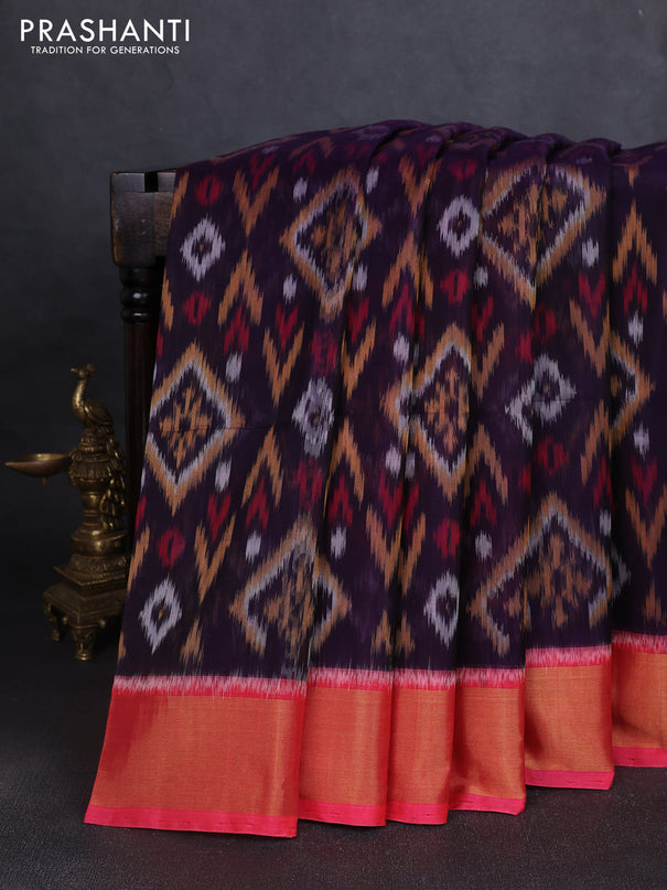 Ikat silk cotton saree violet and candy pink with allover ikat weaves and zari woven border