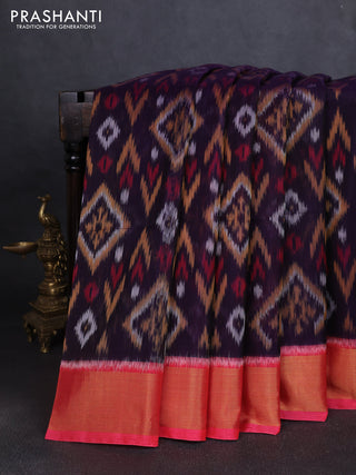 Ikat silk cotton saree violet and candy pink with allover ikat weaves and zari woven border