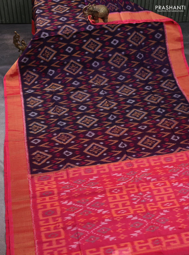 Ikat silk cotton saree violet and candy pink with allover ikat weaves and zari woven border