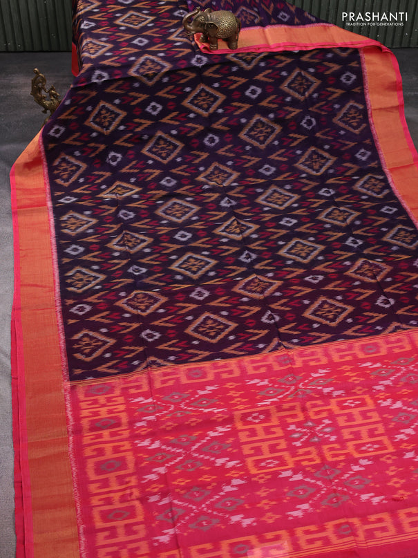 Ikat silk cotton saree violet and candy pink with allover ikat weaves and zari woven border