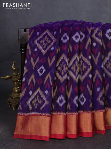 Ikat silk cotton saree violet and red with allover ikat weaves and zari woven border