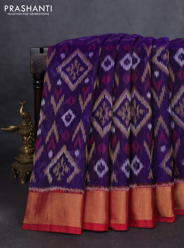 Ikat silk cotton saree violet and red with allover ikat weaves and zari woven border