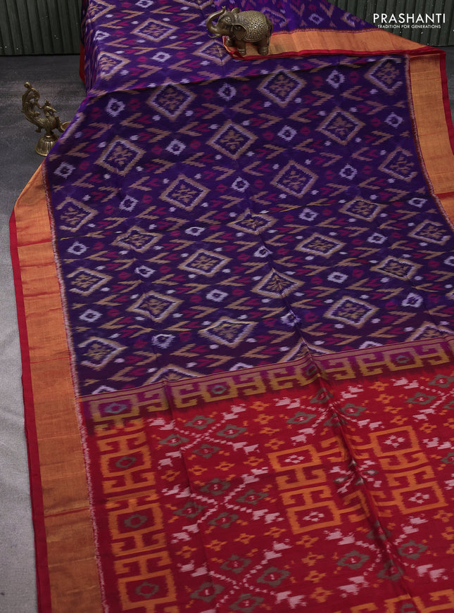Ikat silk cotton saree violet and red with allover ikat weaves and zari woven border
