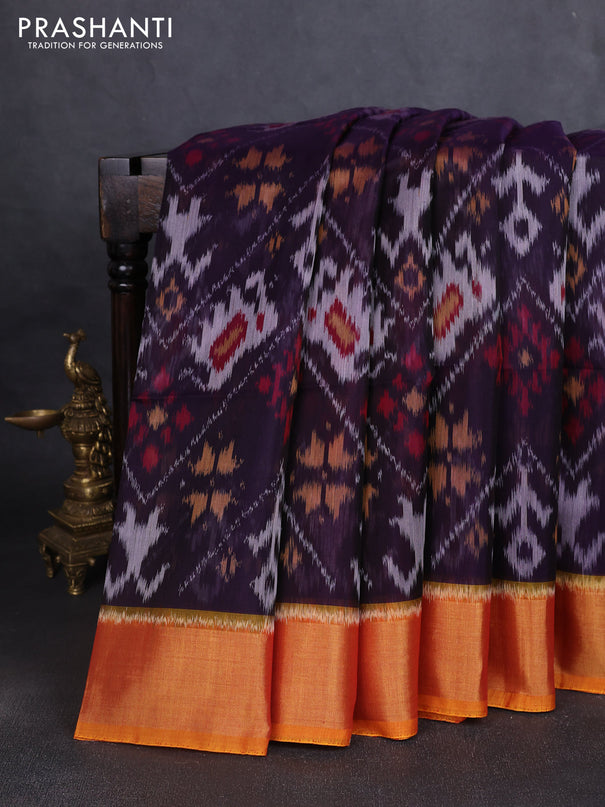 Ikat silk cotton saree violet and dark mustard with allover ikat weaves and zari woven border
