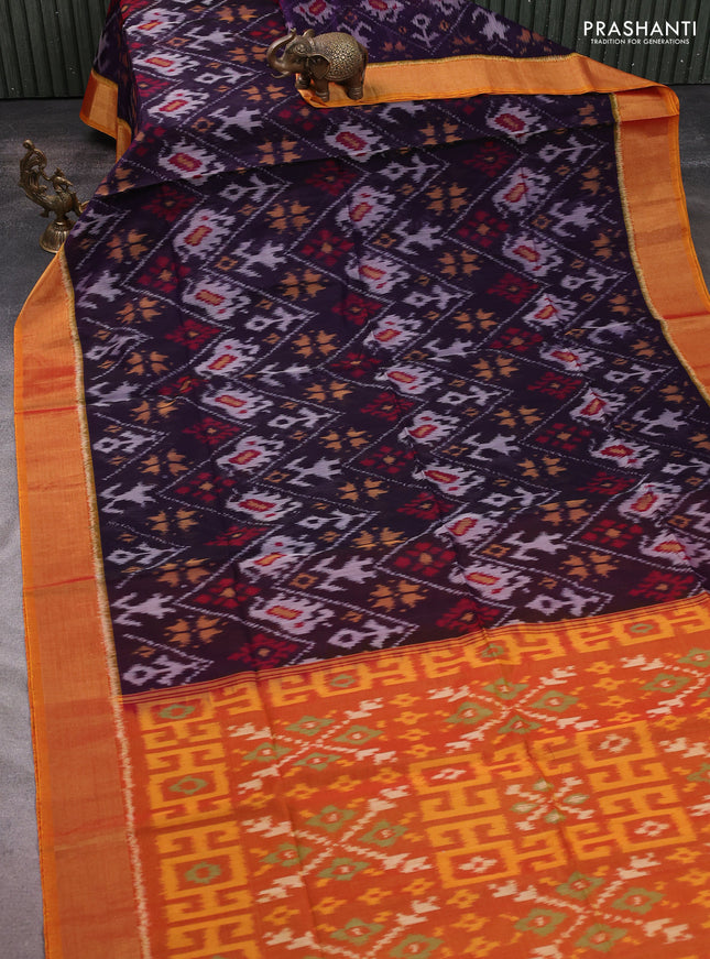 Ikat silk cotton saree violet and dark mustard with allover ikat weaves and zari woven border