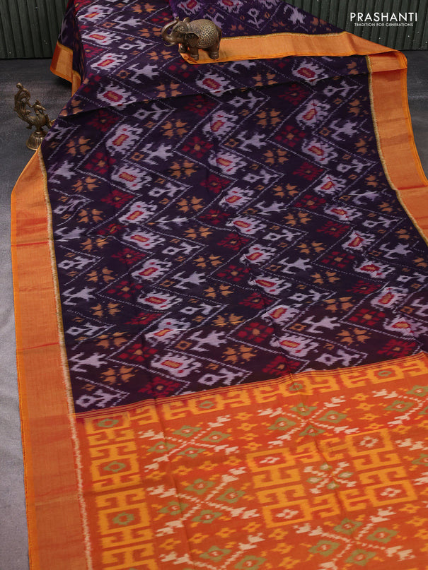 Ikat silk cotton saree violet and dark mustard with allover ikat weaves and zari woven border