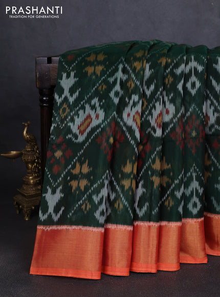 Ikat silk cotton saree bottle green and orange with allover ikat weaves and zari woven border