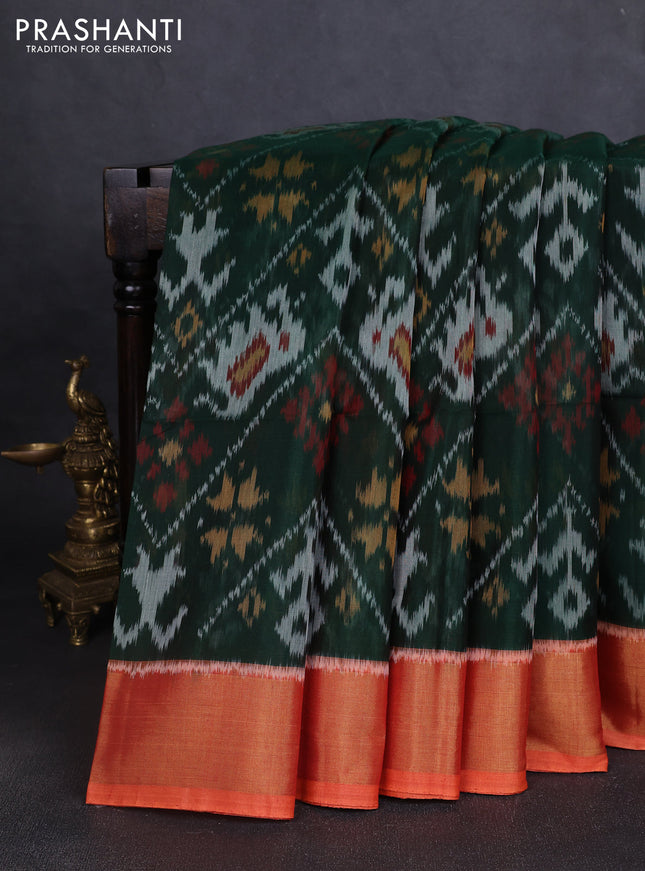 Ikat silk cotton saree bottle green and orange with allover ikat weaves and zari woven border