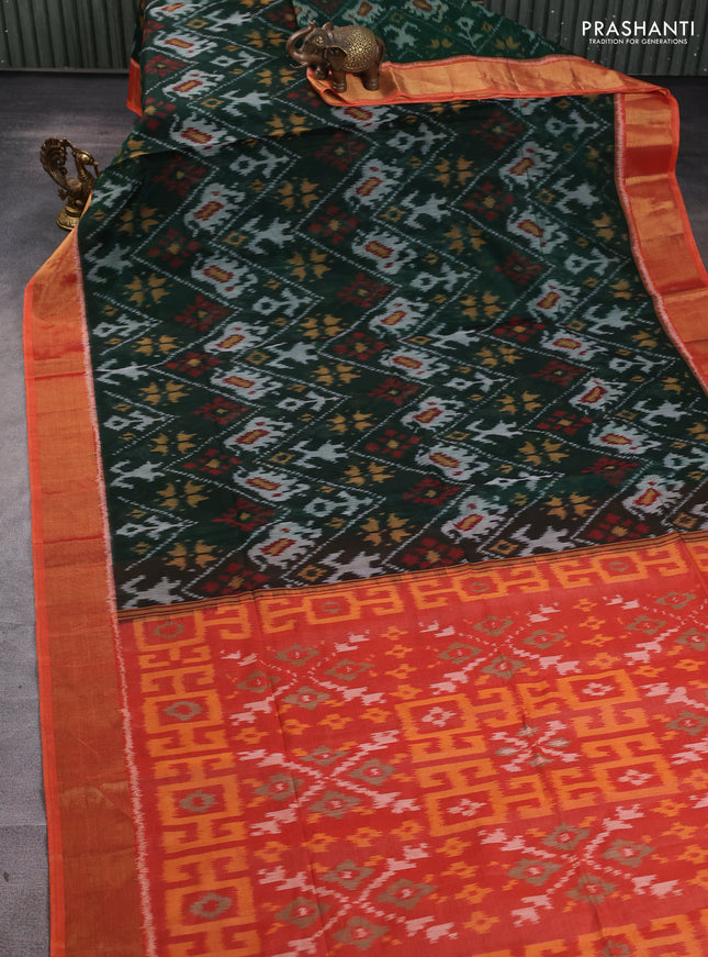 Ikat silk cotton saree bottle green and orange with allover ikat weaves and zari woven border
