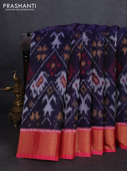 Ikat silk cotton saree violet and pink with allover ikat weaves and zari woven border
