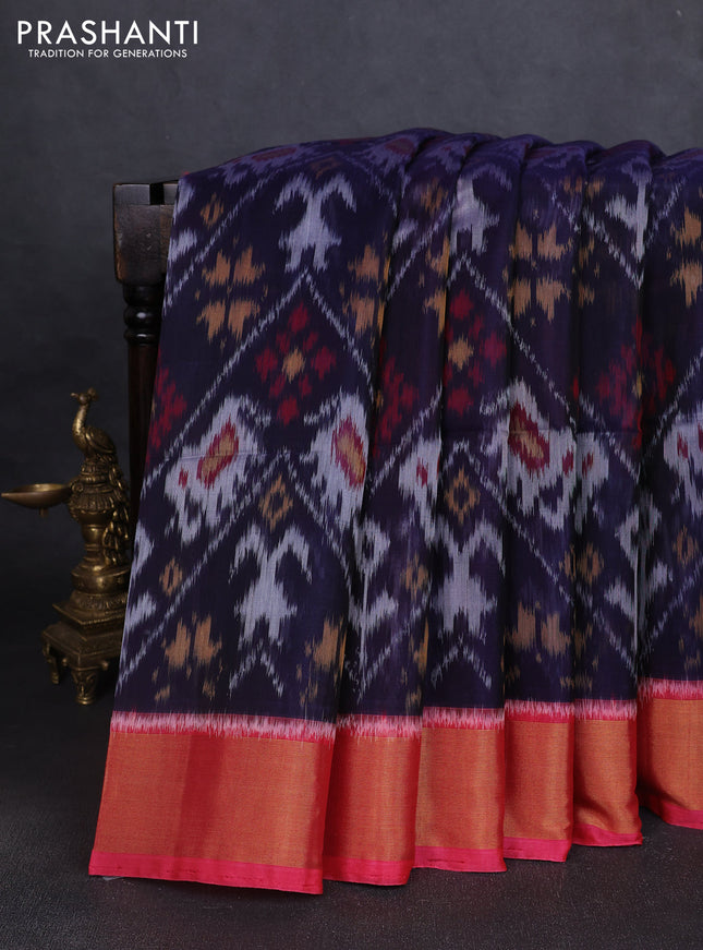 Ikat silk cotton saree violet and pink with allover ikat weaves and zari woven border