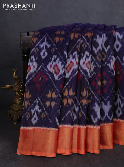 Ikat silk cotton saree violet and orange with allover ikat weaves and zari woven border
