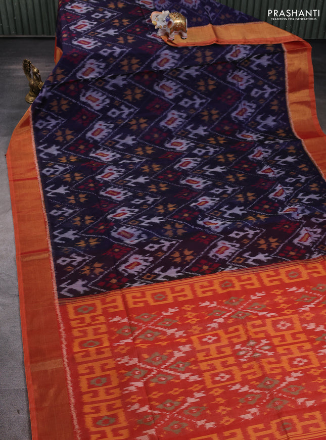 Ikat silk cotton saree violet and orange with allover ikat weaves and zari woven border