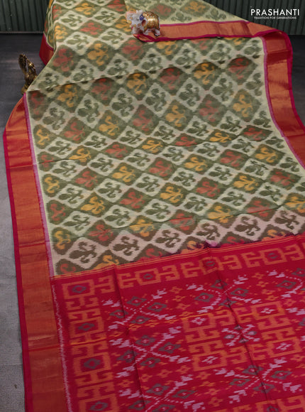 Ikat silk cotton saree mehendi green and pink with allover ikat weaves and zari woven border