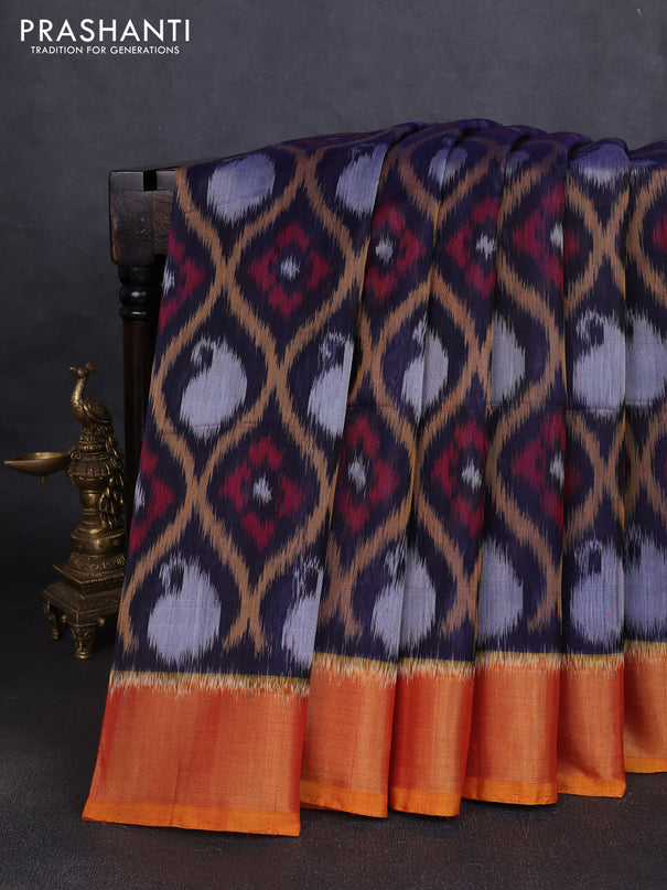 Ikat silk cotton saree navy blue and mustard yellow with allover ikat weaves and zari woven border