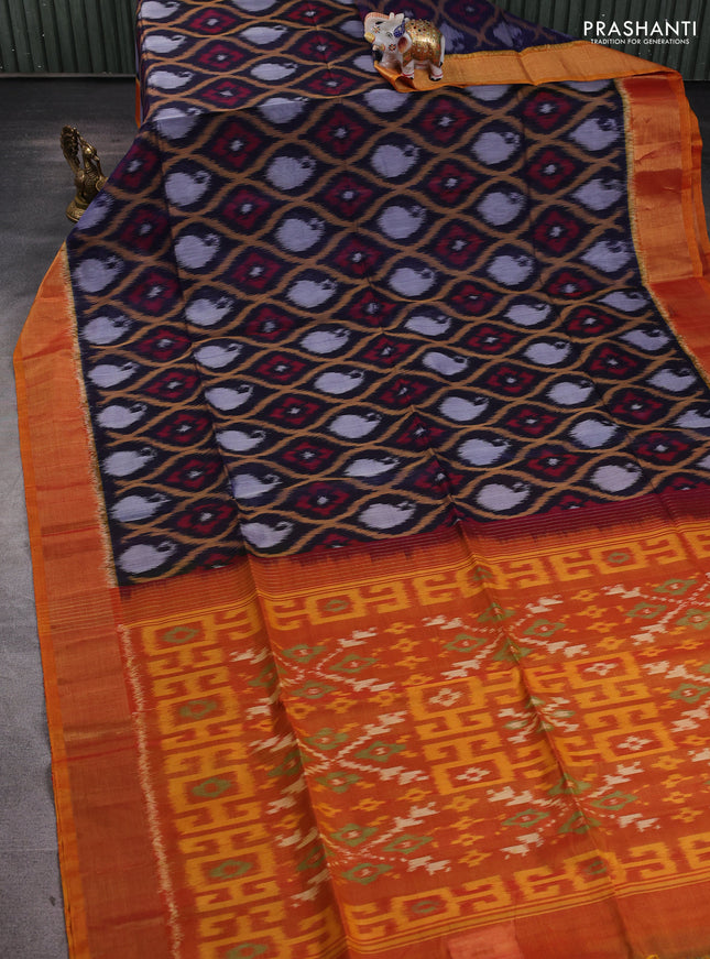Ikat silk cotton saree navy blue and mustard yellow with allover ikat weaves and zari woven border