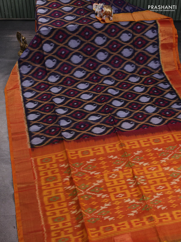 Ikat silk cotton saree navy blue and mustard yellow with allover ikat weaves and zari woven border