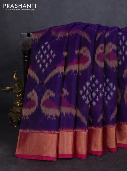 Ikat silk cotton saree violet and dark pink with allover ikat weaves and zari woven border