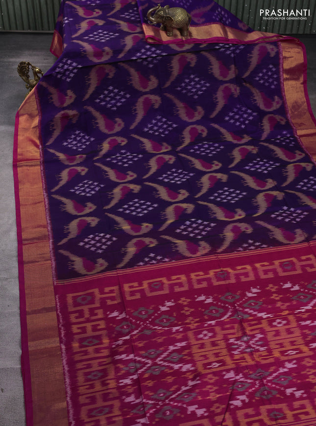 Ikat silk cotton saree violet and dark pink with allover ikat weaves and zari woven border