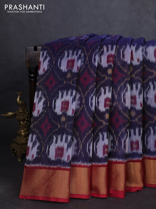 Ikat silk cotton saree navy blue and red with allover ikat weaves and zari woven border