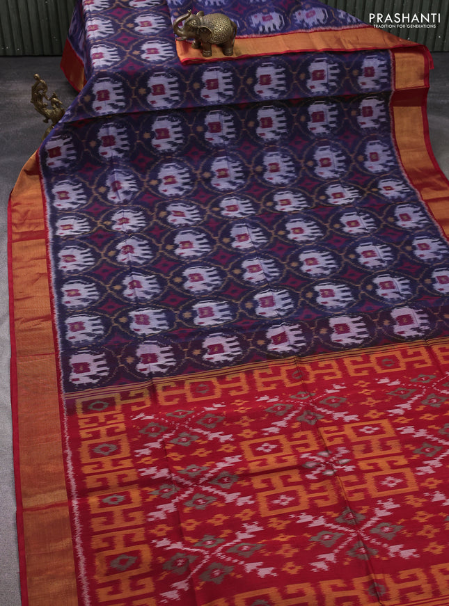 Ikat silk cotton saree navy blue and red with allover ikat weaves and zari woven border
