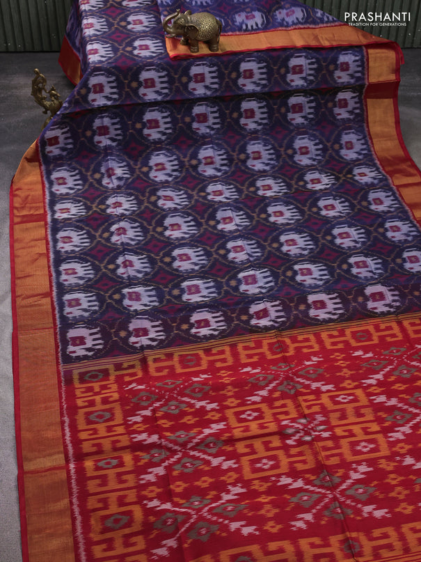 Ikat silk cotton saree navy blue and red with allover ikat weaves and zari woven border