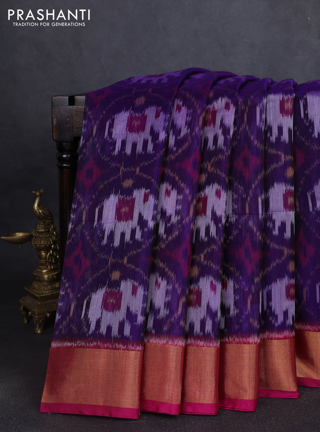 Ikat silk cotton saree violet and dark pink with allover ikat weaves and zari woven border