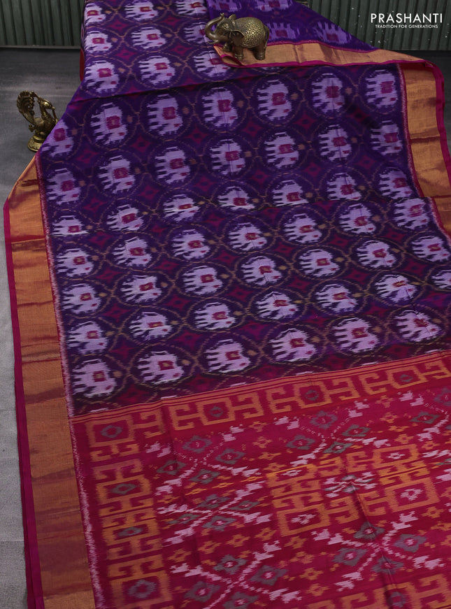 Ikat silk cotton saree violet and dark pink with allover ikat weaves and zari woven border