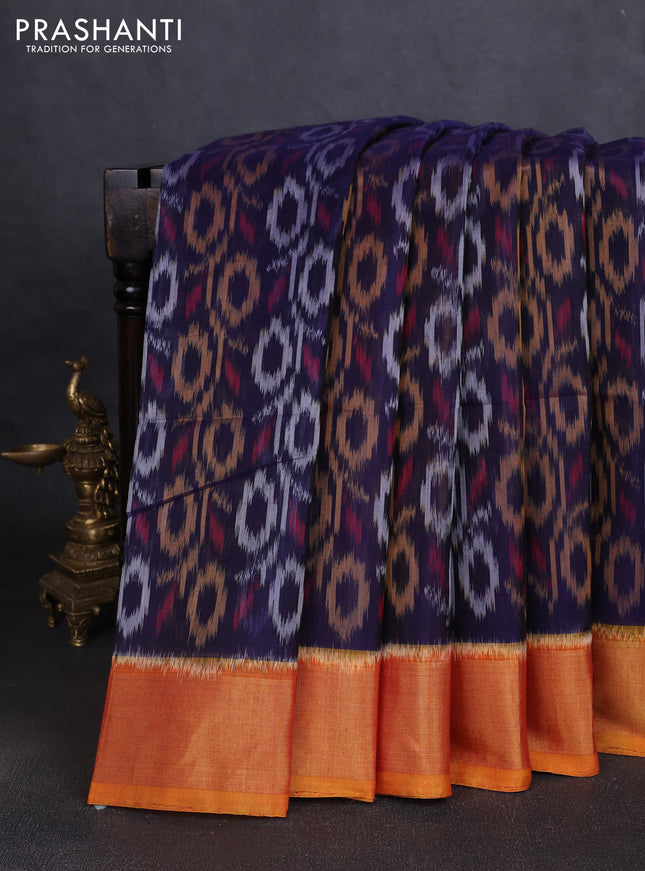 Ikat silk cotton saree violet and mustard yellow with allover ikat weaves and zari woven border
