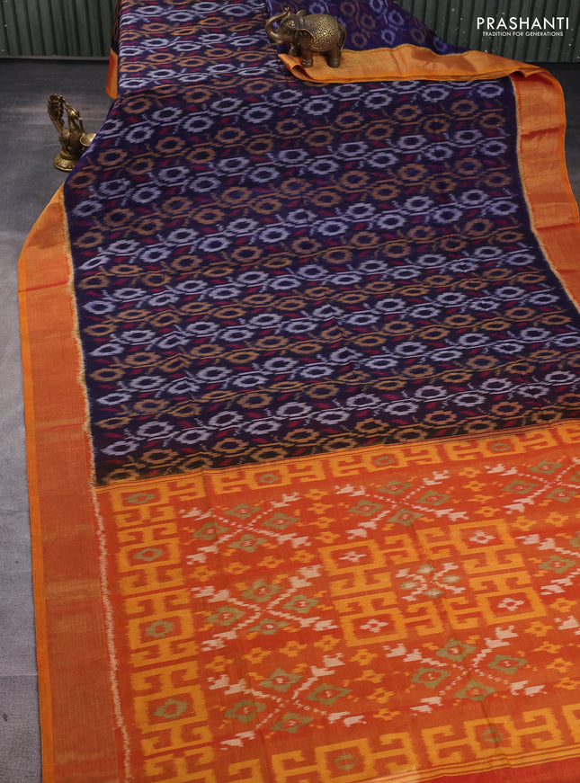 Ikat silk cotton saree violet and mustard yellow with allover ikat weaves and zari woven border